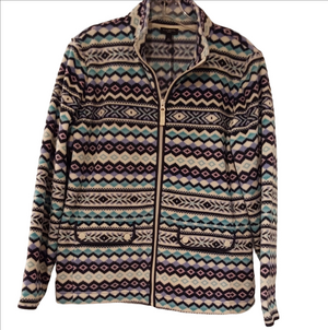 Talbots Geometric Fleece Jacket - Blue, Purple, White - Large Petite